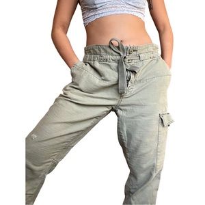 Free People Green Distressed Button Embellished Cargo Cotton Pants w/ Drawstring